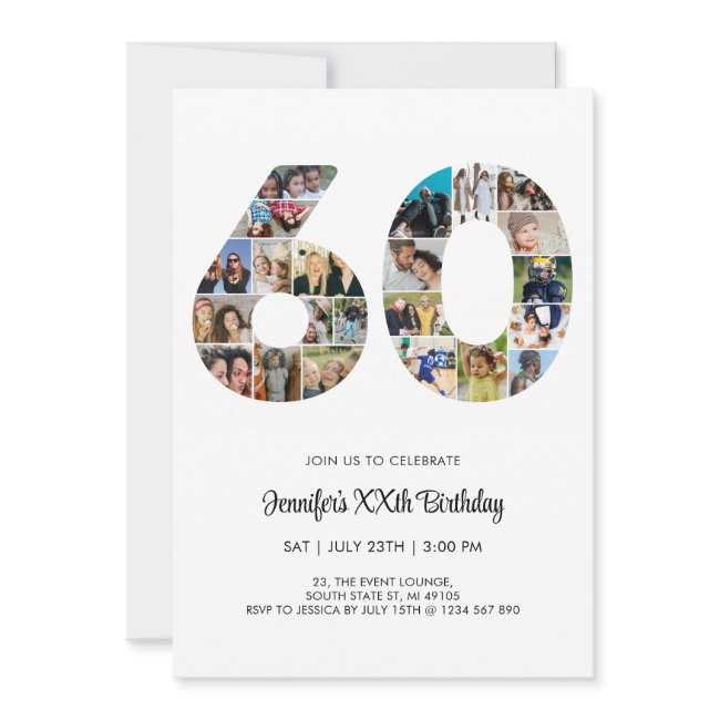 60th Birthday Number 60 Custom Photo Collage Invitation