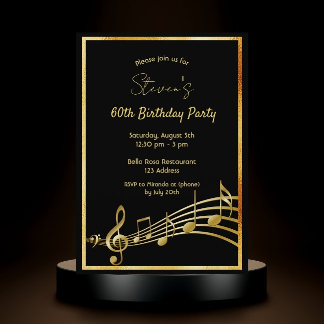 60th Birthday Party Black And Gold Music Notes Invitation