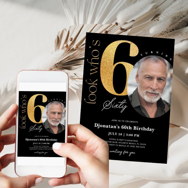 60th Black Gold Birthday Invitation With Photo