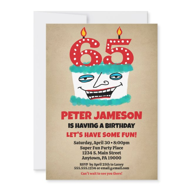 65th Birthday Invitation Funny Cake Casual Mens