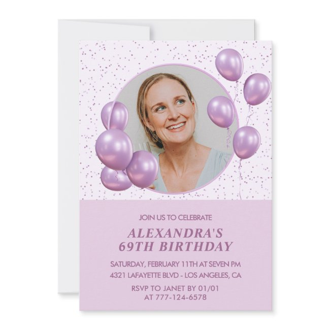 69th Birthday Invitations Photo Purple Balloons