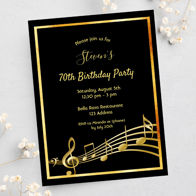 70th Birthday Black Gold Music Notes Invitation