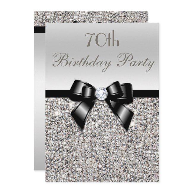 70th Birthday Party Silver Sequins Black Bow Invitation