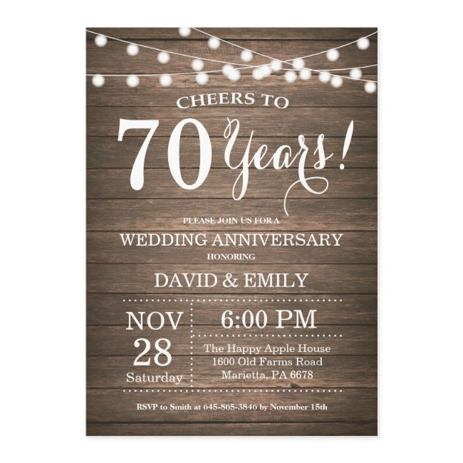 70th Wedding Anniversary Invitation Rustic Wood