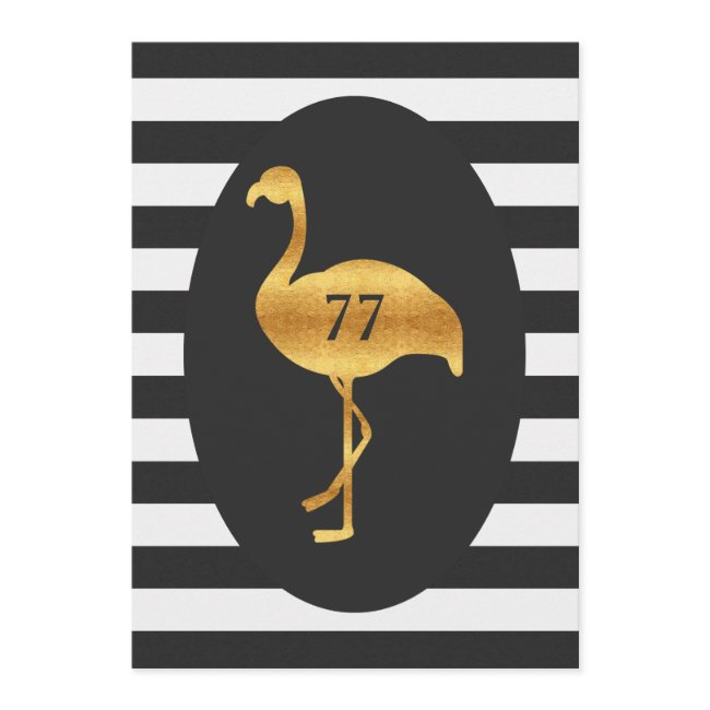 77th Birthday Gold Flamingo Black White Stripes Invitation