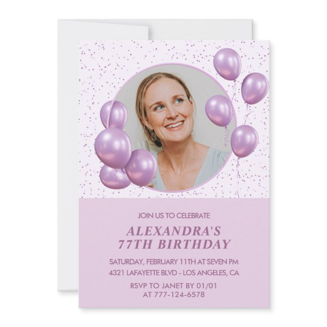 77th Birthday Invitations Photo Purple Balloons