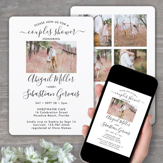 7 Photo Couples Wedding Shower Chic Modern Script Invitation