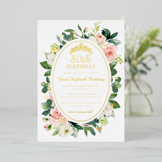 80th Birthday Gold Pink Butterfly Floral Foil Invitation