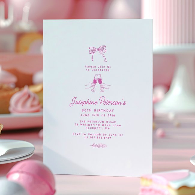 80th Birthday Party Pink Whimsical Dainty Doodle Invitation