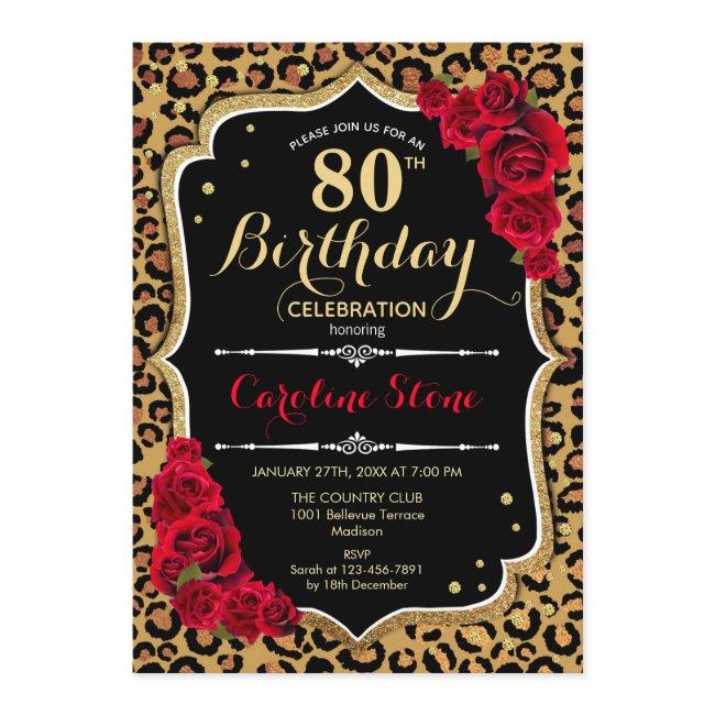 80th Birthday - Red Roses Leopard Print Invitation