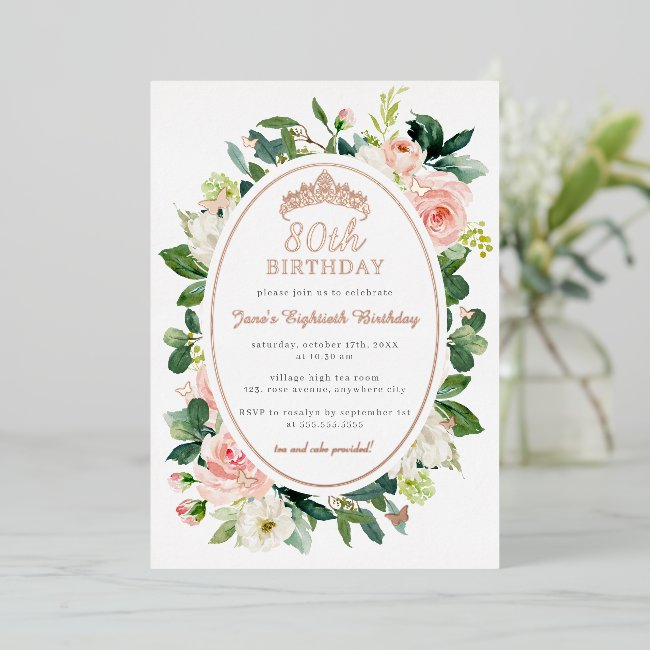 80th Birthday Rose Gold Pink Butterfly Floral Foil Invitation