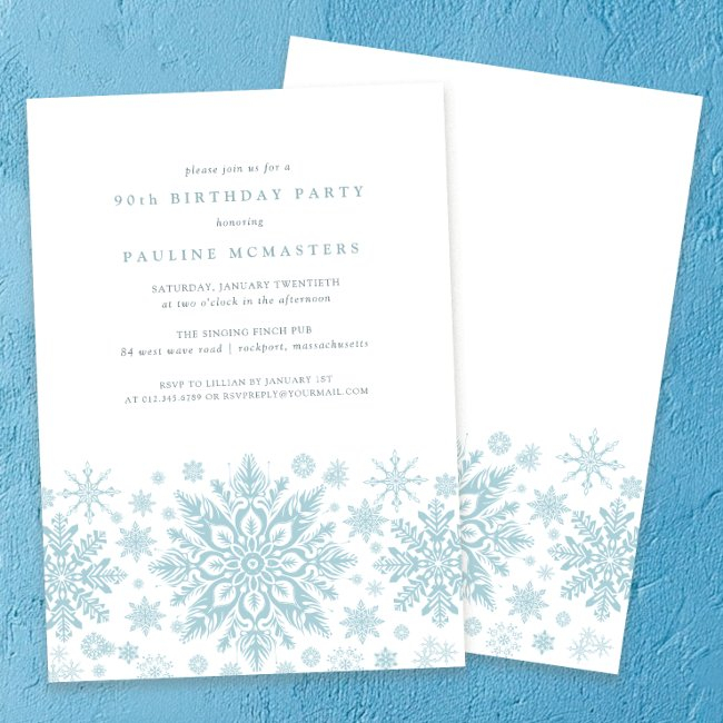 90th Birthday Party Blue White Snowflake Winter Invitation