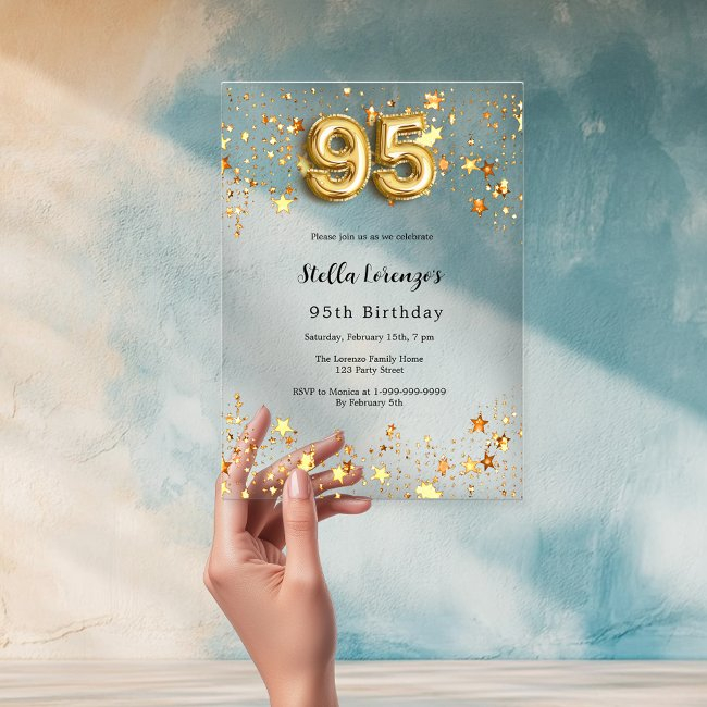 95th Birthday Gold Stars Clear Acrylic Invitations