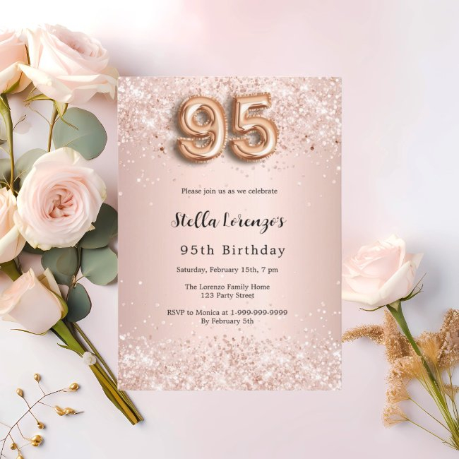 95th Birthday Rose Gold Pink Confetti Invitation