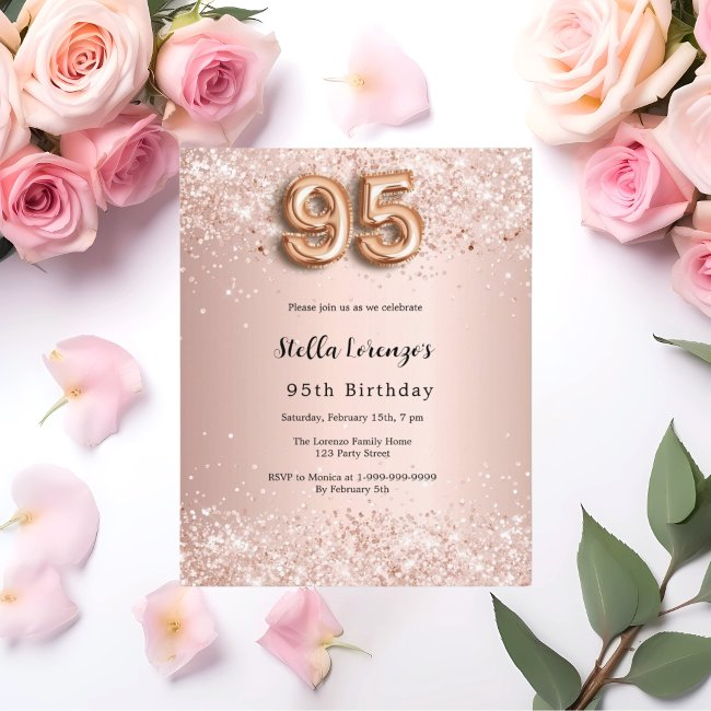 95th Birthday Rose Gold Pink Confetti Invitation