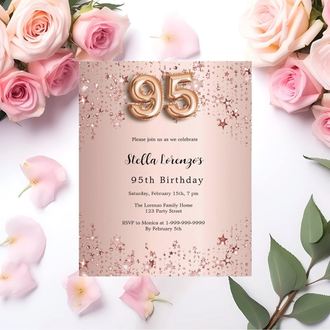 95th Birthday Rose Gold Pink Stars Invitation