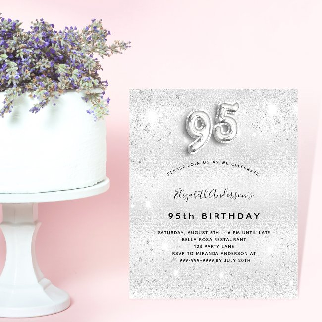 95th Birthday Silver Glitter Budget Invitation Flyer