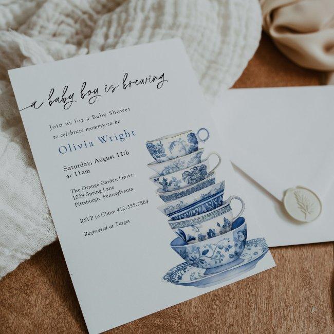 A Baby Boy Is Brewing Tea Party Baby Shower Invitation