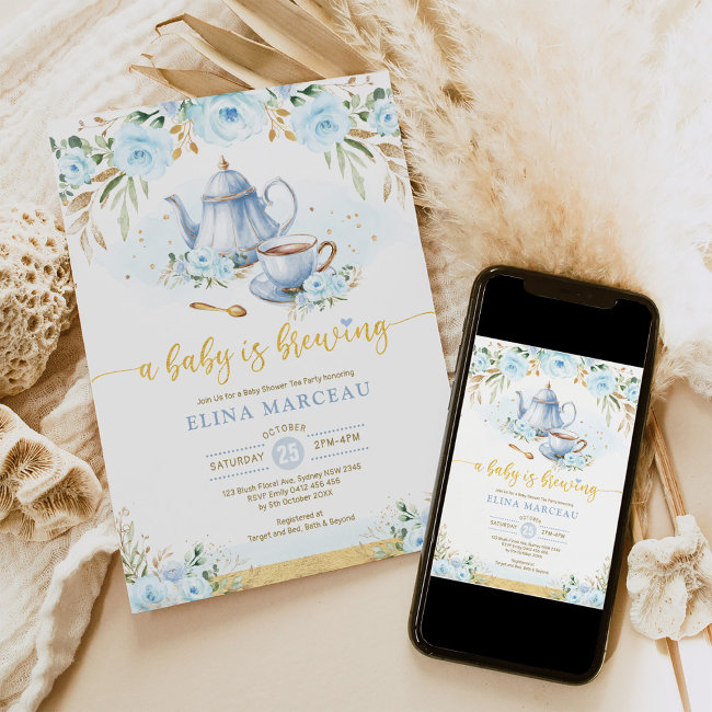 A Baby Is Brewing Blue Gold Flower Baby Shower Tea Invitation