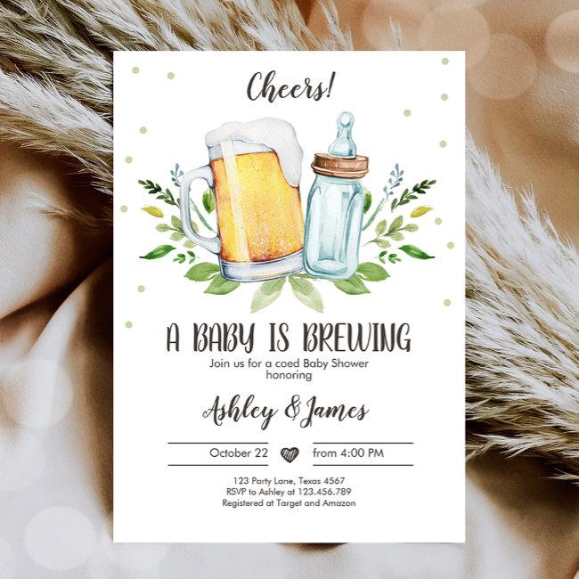 A Baby Is Brewing Greenery Cheers Coed Baby Shower Invitation