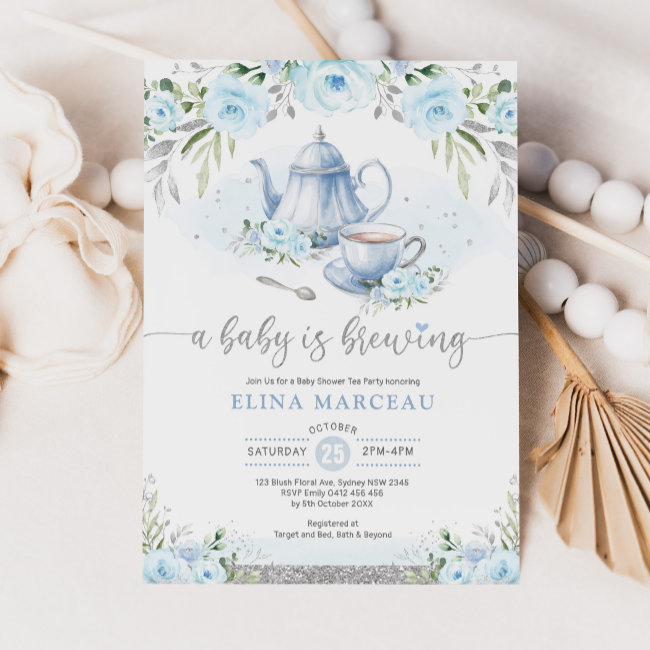 A Baby Is Brewing Silver Blue Floral Tea Party Invitation