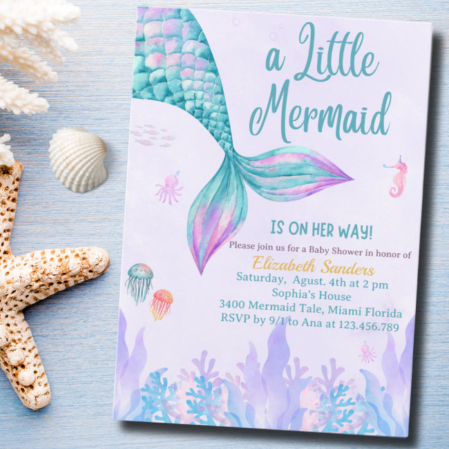 A Little Mermaid Is On Her Way Girl Baby Shower Invitation
