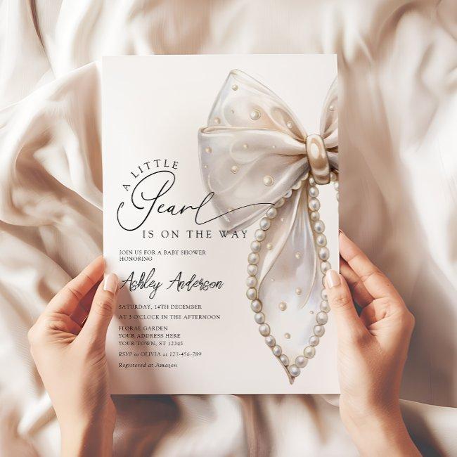 A Little Pearl Neutral Bow Baby Shower Invitation