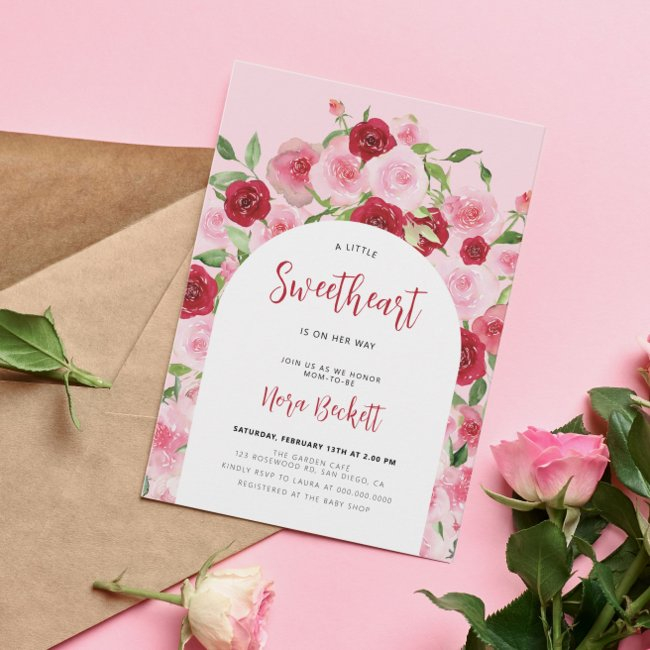 A Little Sweetheart Pink Floral Arch Baby Shower Invitation