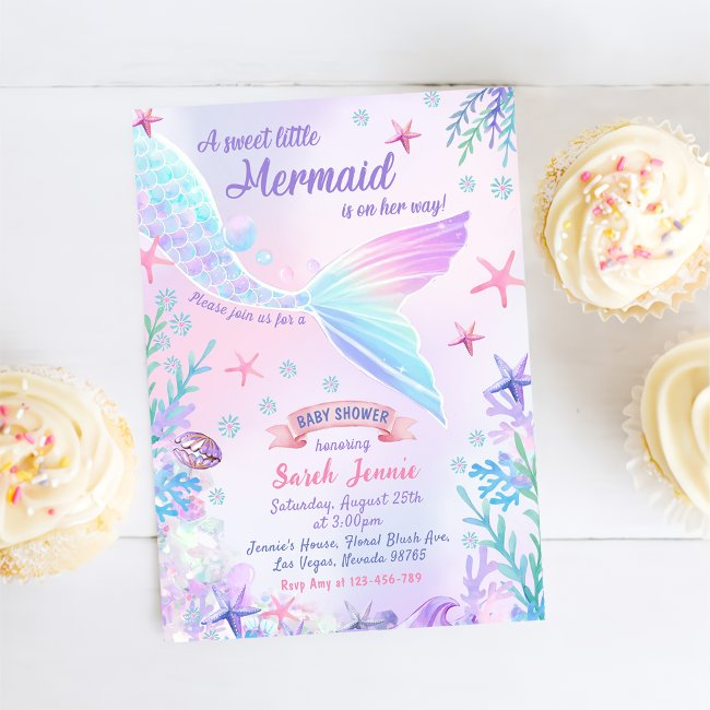 A Sweet Little Mermaid Girl Baby Shower Party Invitation