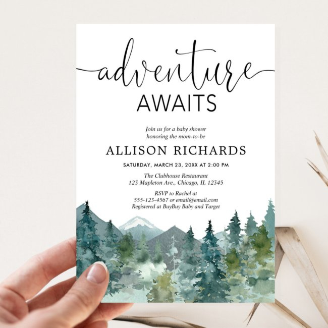 Adventure Awaits Rustic Mountains Baby Shower Invitation
