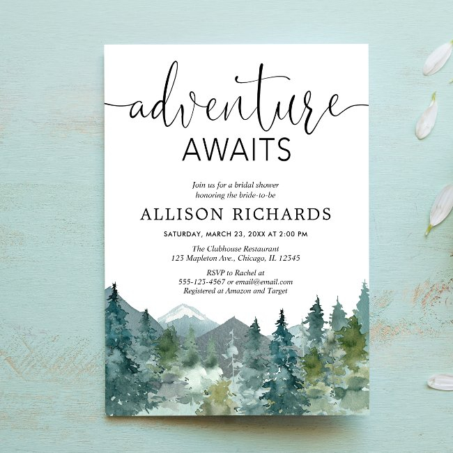 Adventure Awaits Rustic Woodland Bridal Shower Invitation