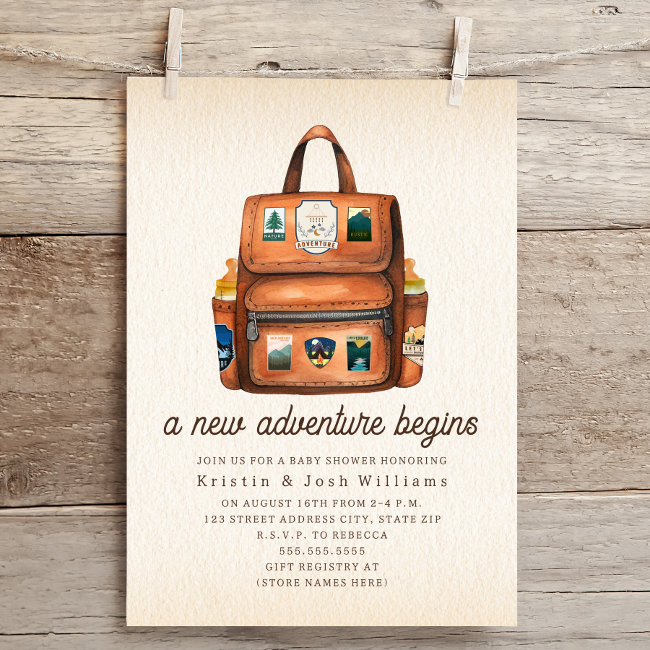 Adventure Backpack + Bottles Woodland Baby Shower Invitation