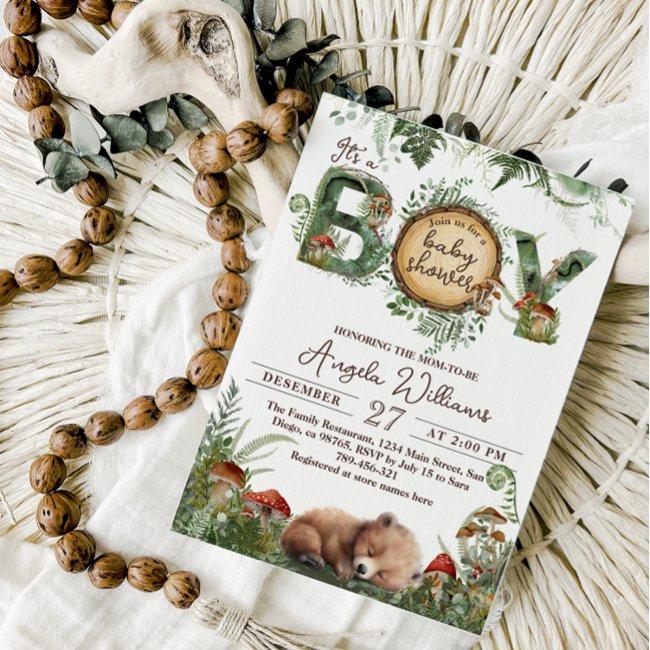 Adventure Woodland Mushroom Fern Baby Boy Shower Invitation
