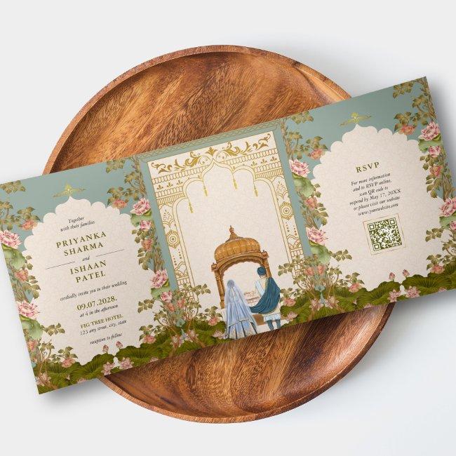 Aesthetic Indian Wedding Qr Code All In One Tri-fold Invitation