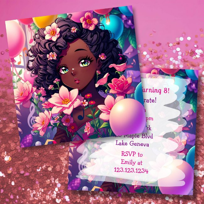 African-american Anime Girl Birthday Invitation