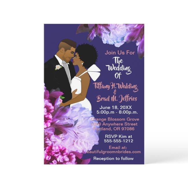 African American Bride & Groom Royal Blue Wedding Invitation