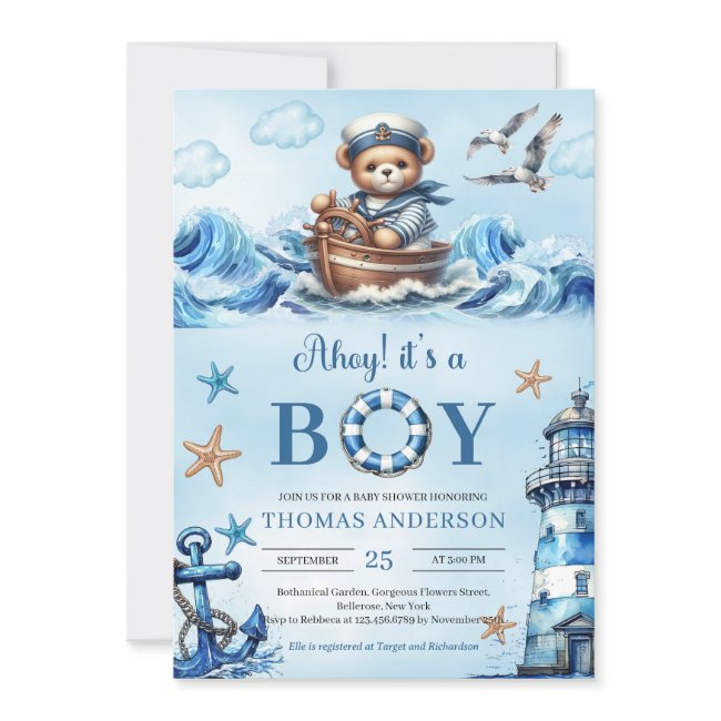 Ahoy It's A Boy Blue And Brown Teddy Bear Sailor Invitation