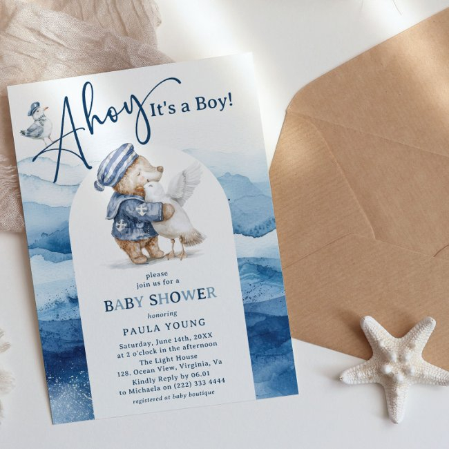 Ahoy It's A Boy Cute Nautical Baby Shower Invitation