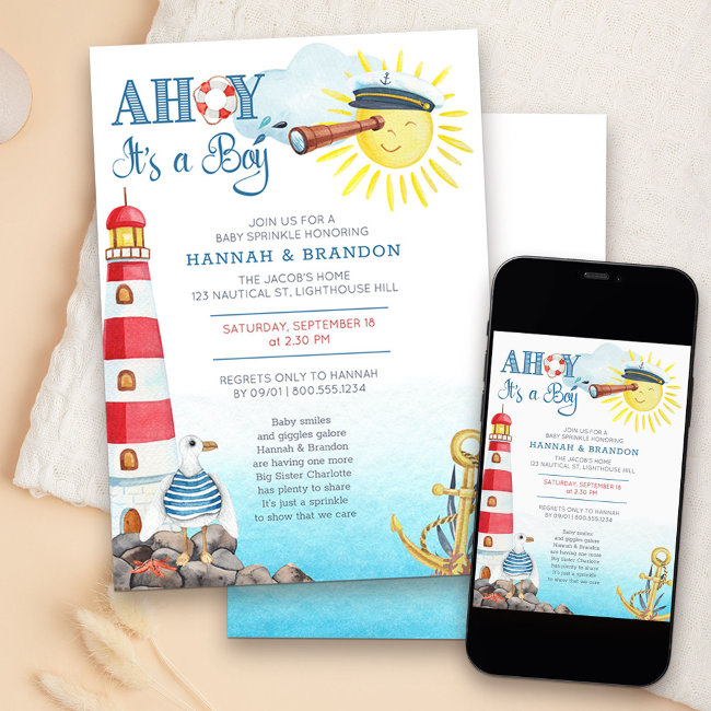 Ahoy It's A Boy Cute Nautical Baby Sprinkle Invitation