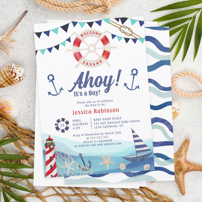 Ahoy It's A Boy Nautical Boat Blue Red Baby Shower Invitation