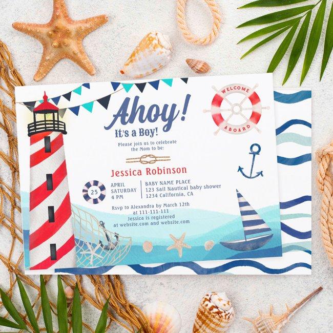 Ahoy It's A Boy Nautical Boat Blue Red Baby Shower Invitation