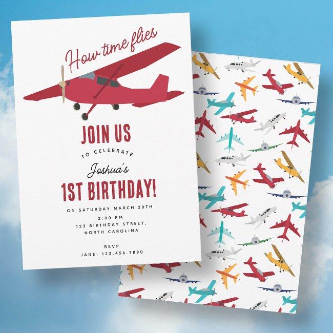 Airplane Kids 1st Birthday Party Time Flies Invitation