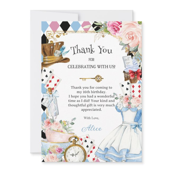 Alice In Wonderland Floral Birthday Tea Party Thank You Invitations