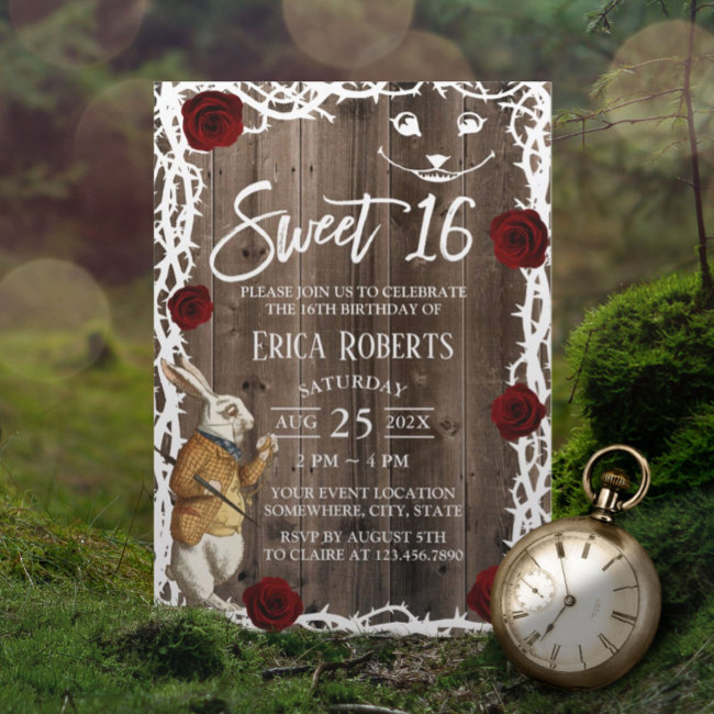 Alice In Wonderland Rustic Barn Wood Sweet 16 Invitation