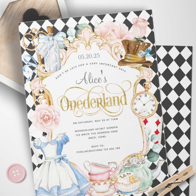 Alice Mad Hatter Wonderland Tea Party 1st Birthday Invitation