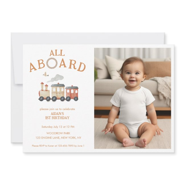 All Aboard Any Age Train Photo Birthday Invitation
