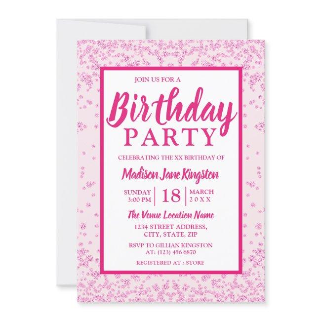All Ages Pink Glitter Border Girly Birthday Party Invitation