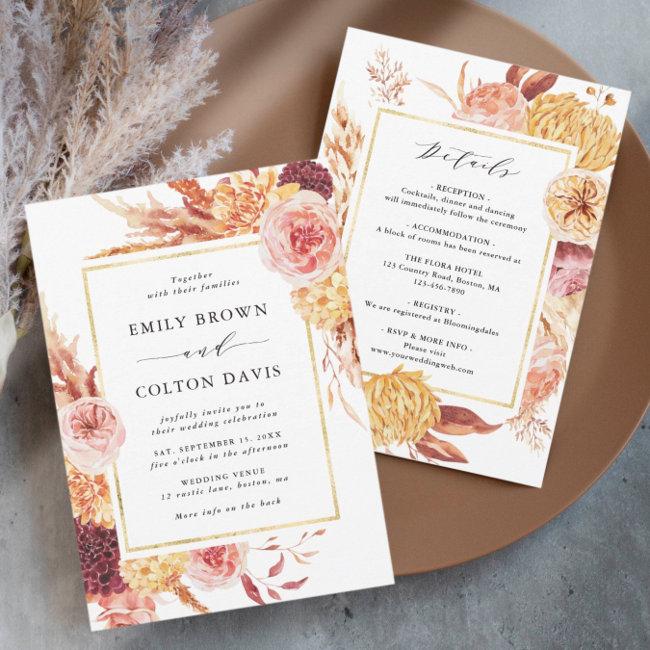 All In One Boho Burgundy Terracotta Floral Wedding Invitation