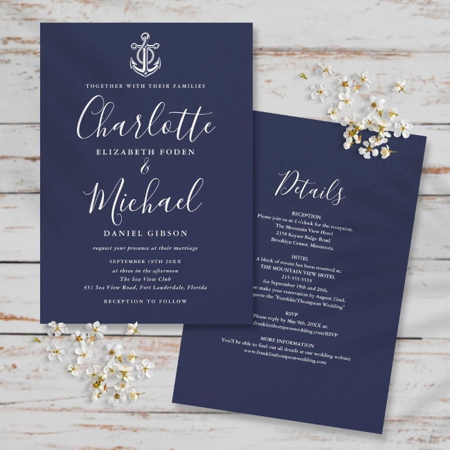 All In One Nautical Navy Blue And White Wedding Invitation