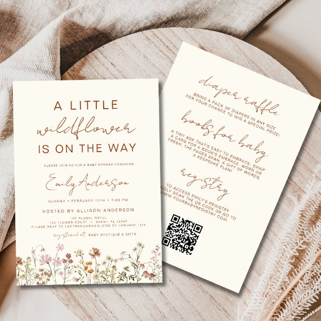 All In One Qr Code A Little Wildflower Baby Shower Invitation